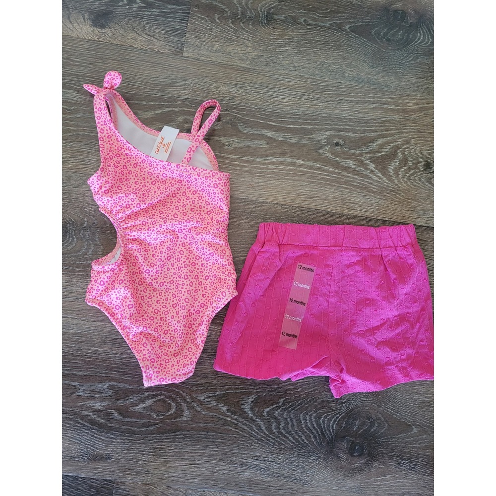 Cat & Jack Pink Leopard Swimsuit First Impressions Ruffle Shorts Set 12M NEW #5